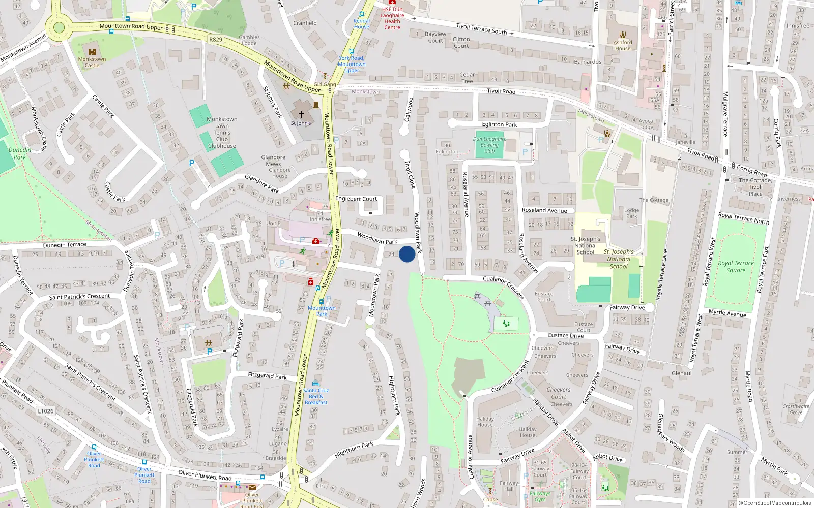 Overhead map showing the location of 21 Woodlawn Park, Dun Laoghaire, Dublin