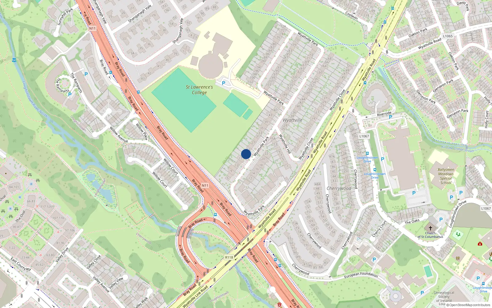 Overhead map showing the location of 21 Wyattville Park, Dublin