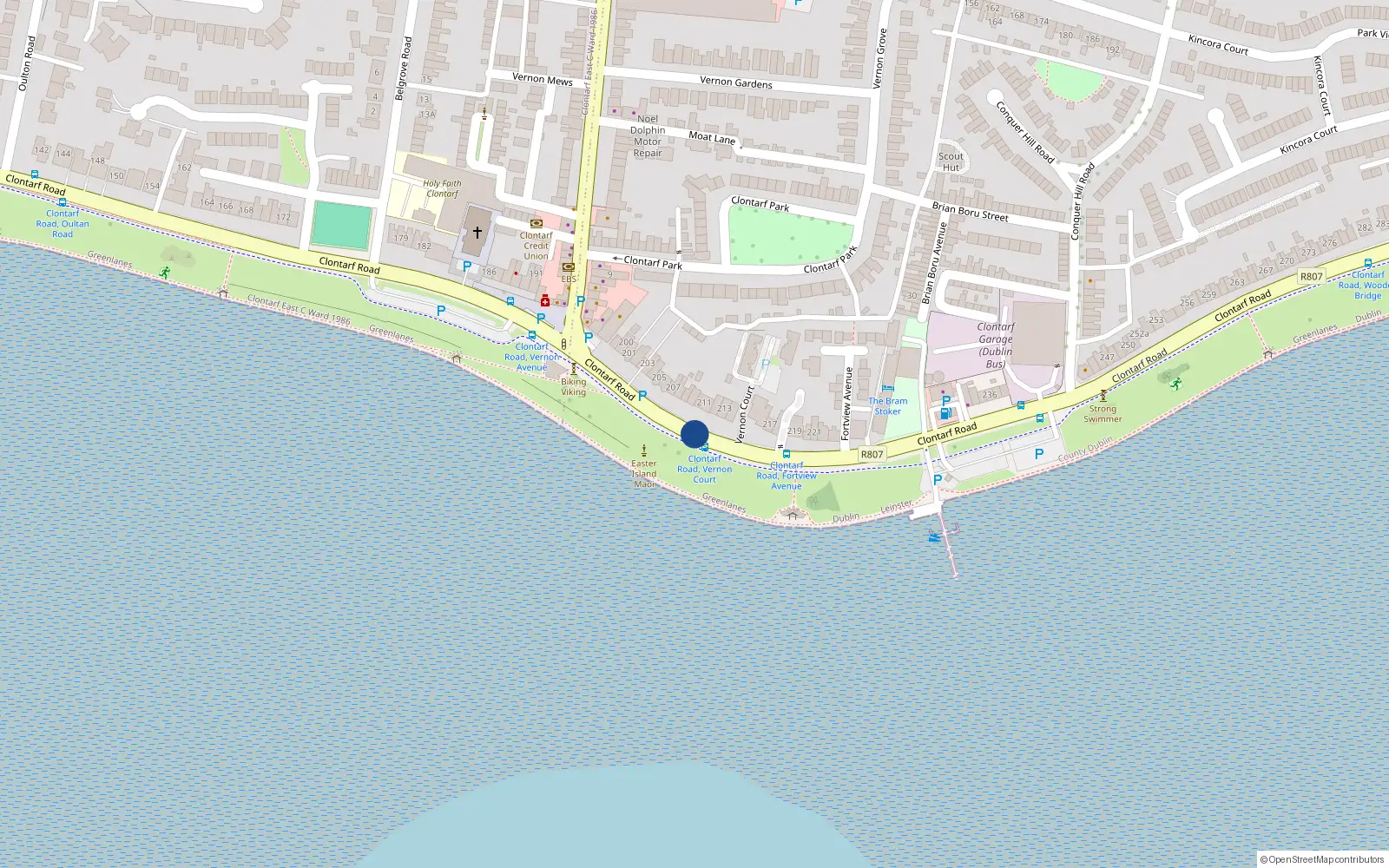 Overhead map showing the location of 211 Clontarf Road, Dublin