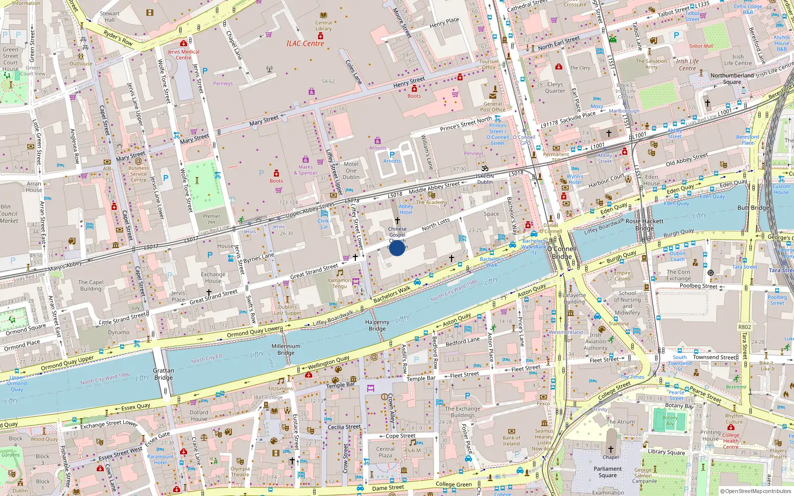 Overhead map showing the location of 213 Bachelors Walk, Dublin 1, Dublin
