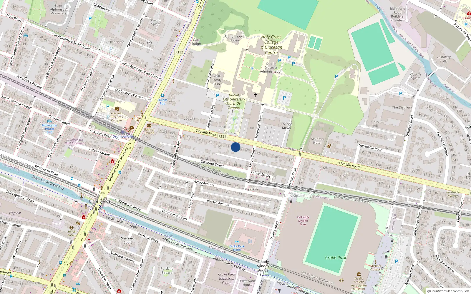 Overhead map showing the location of 213 Clonliffe Road, Dublin 3