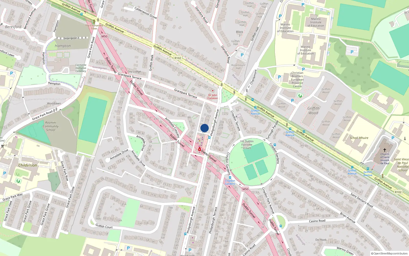 Overhead map showing the location of 213 Philipsburgh Avenue, Marino, Dublin 3