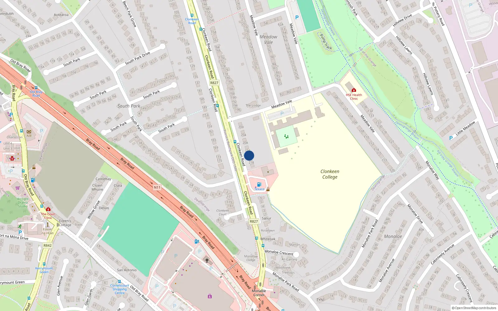 Overhead map showing the location of 214 Clonkeen Road, Deans Grange, Blackrock