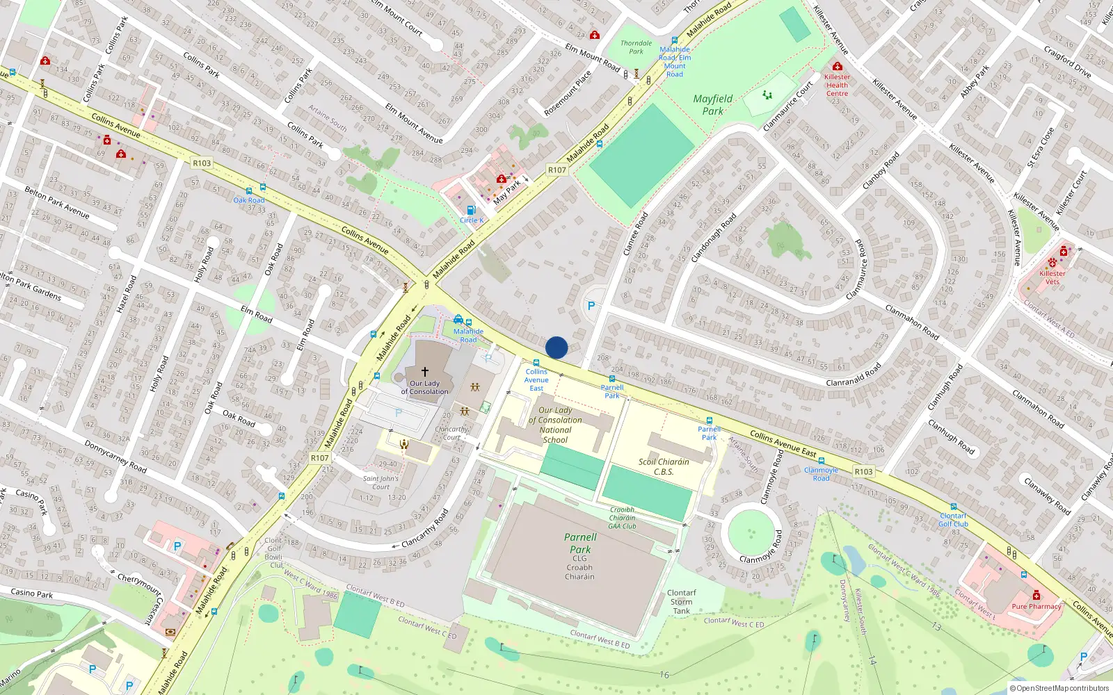 Overhead map showing the location of 214 Collins Avenue East, Dublin 5