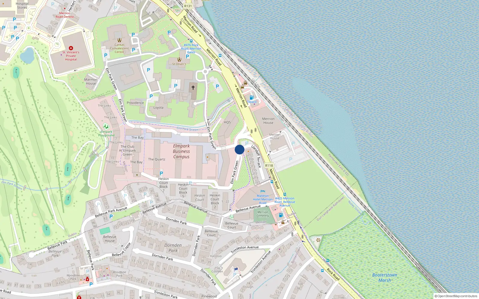 Overhead map showing the location of 215 Llandaff Terrace, Merrion