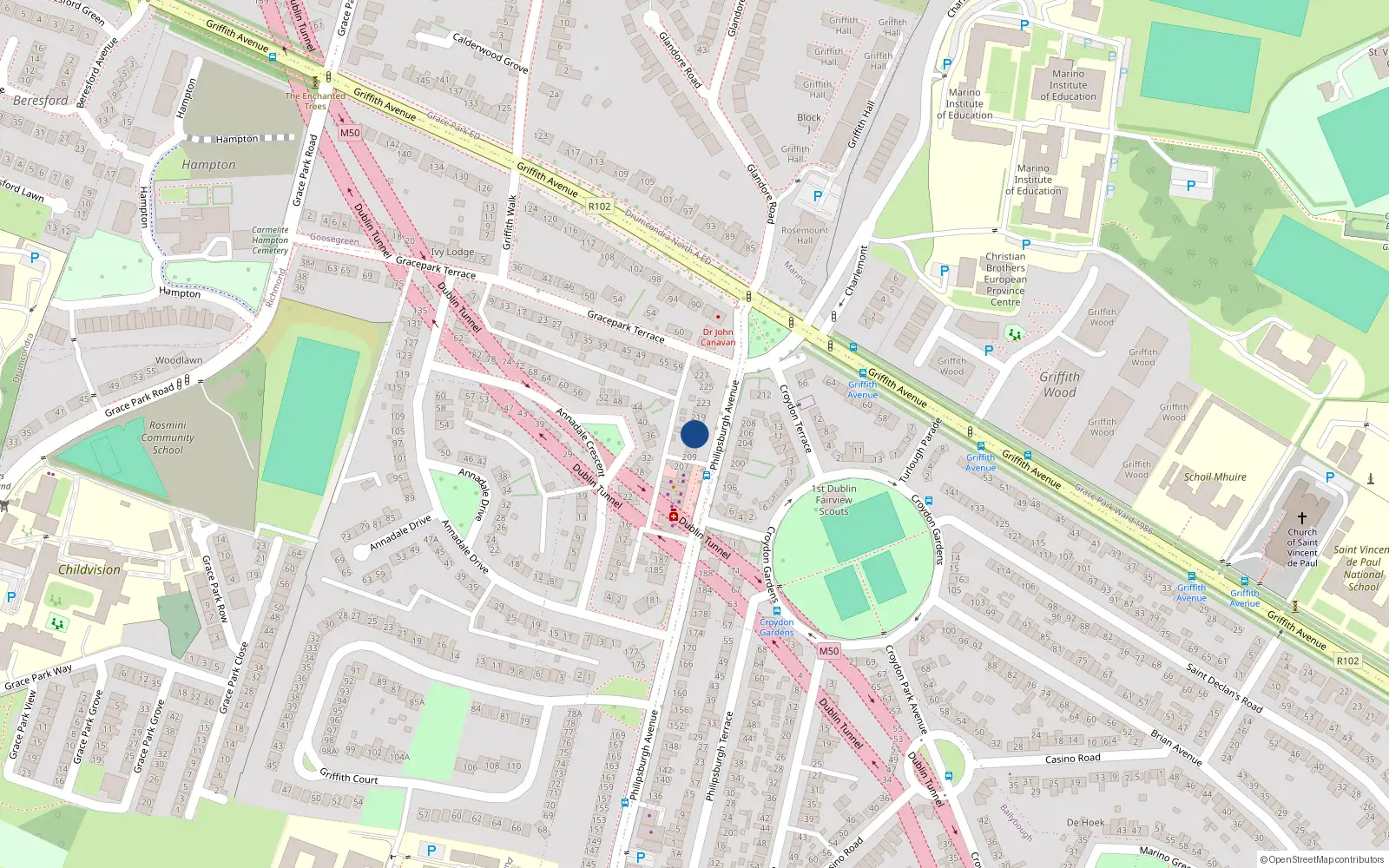 Overhead map showing the location of 215 Philipsburgh Avenue, Dublin 3