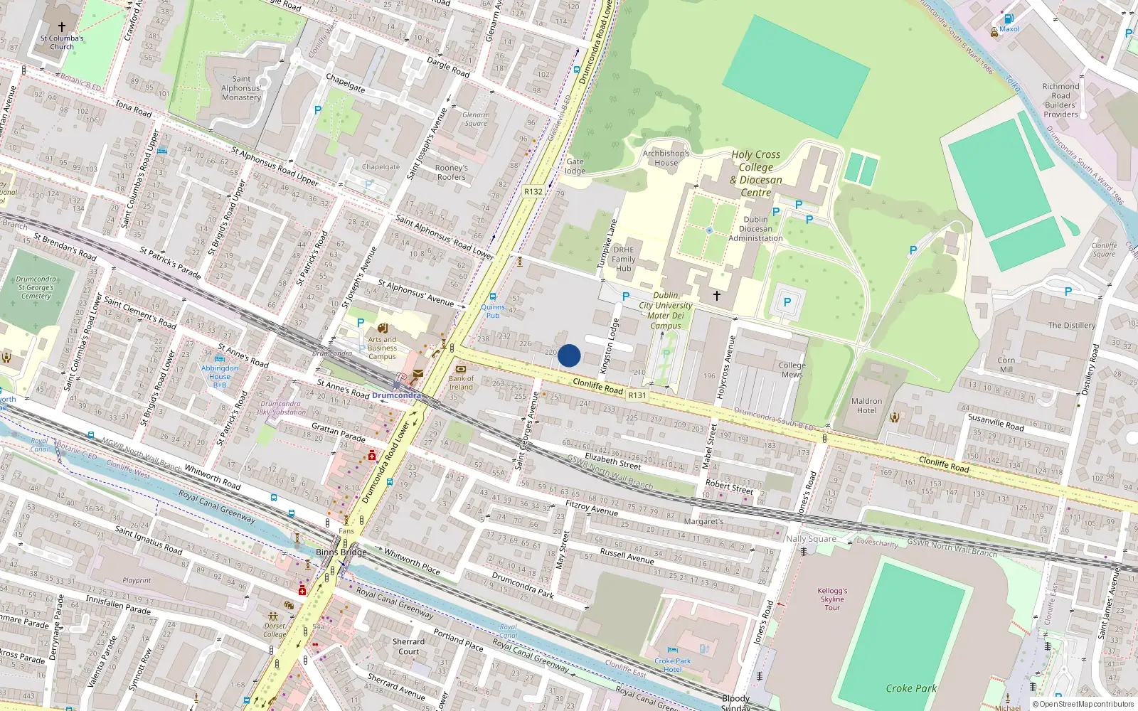 Overhead map showing the location of 216 Clonliffe Road, Dublin 3