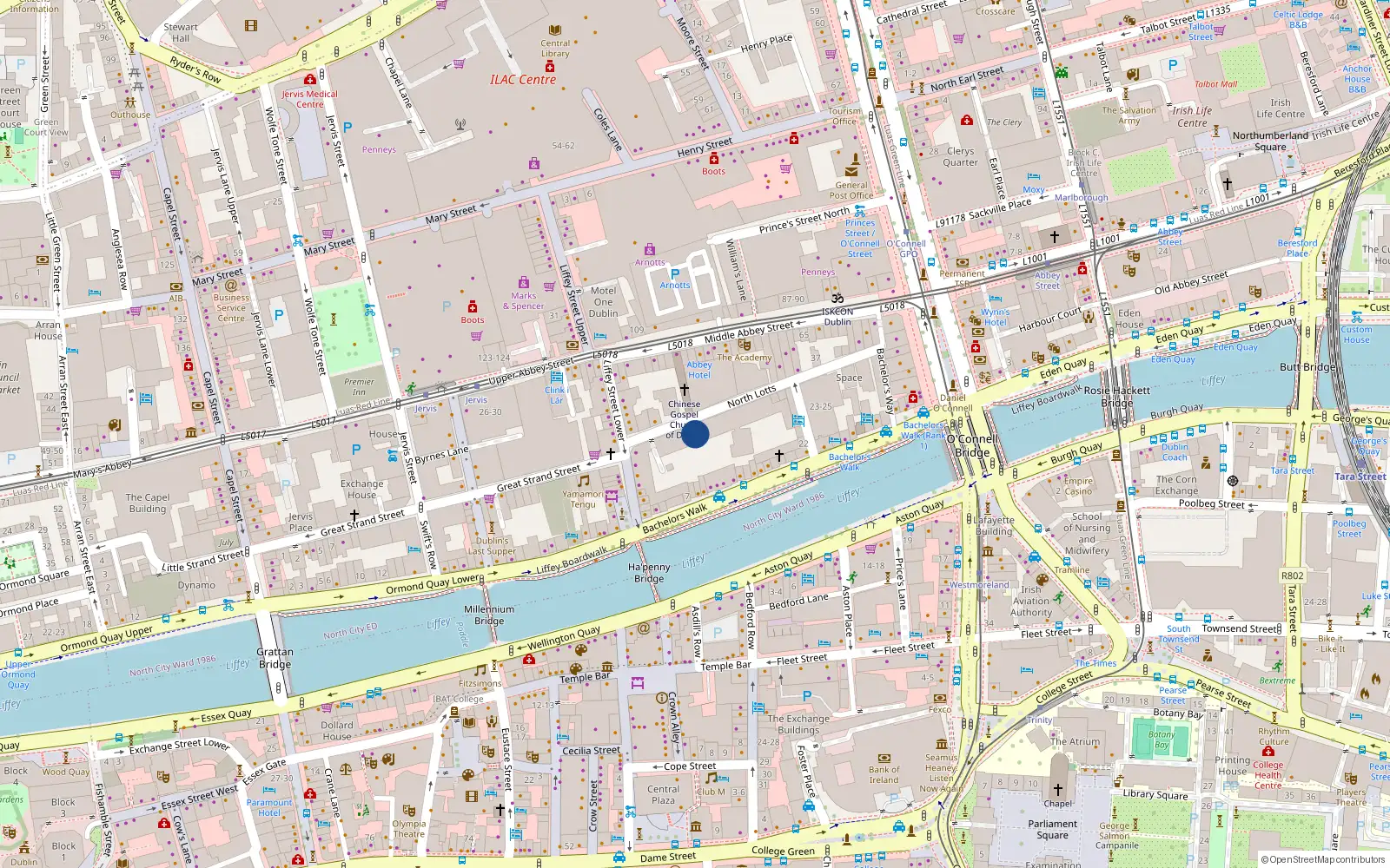 Overhead map showing the location of 219 Bachelors Walk Apts, Dublin 1
