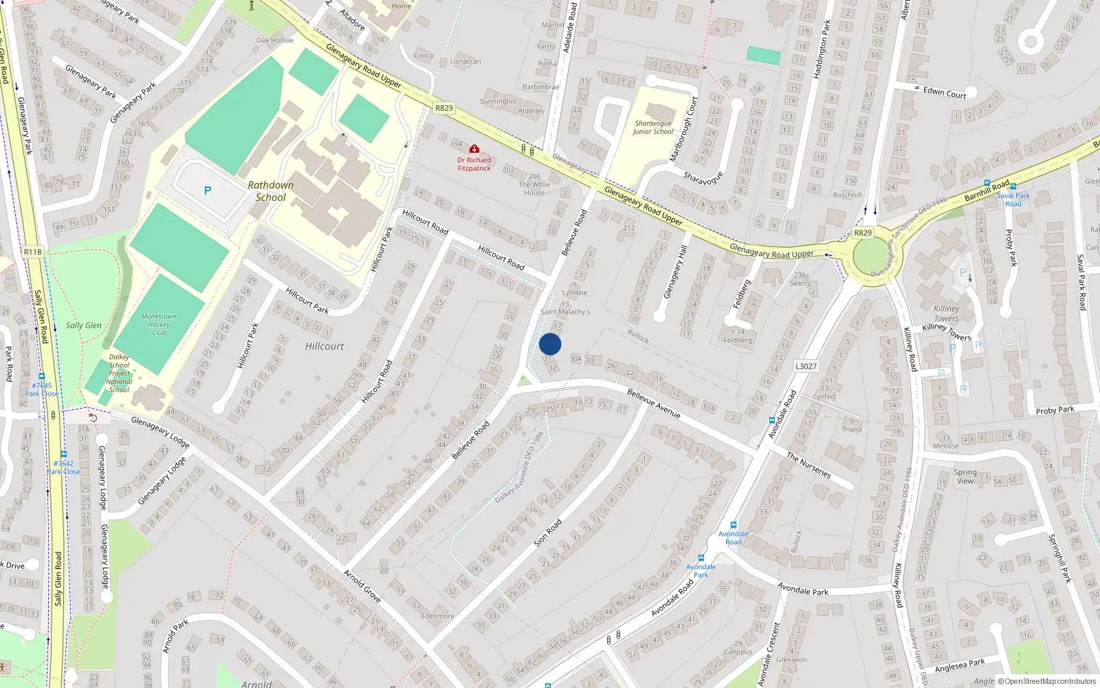 Overhead map showing the location of 21A Bellevue Road, Dublin
