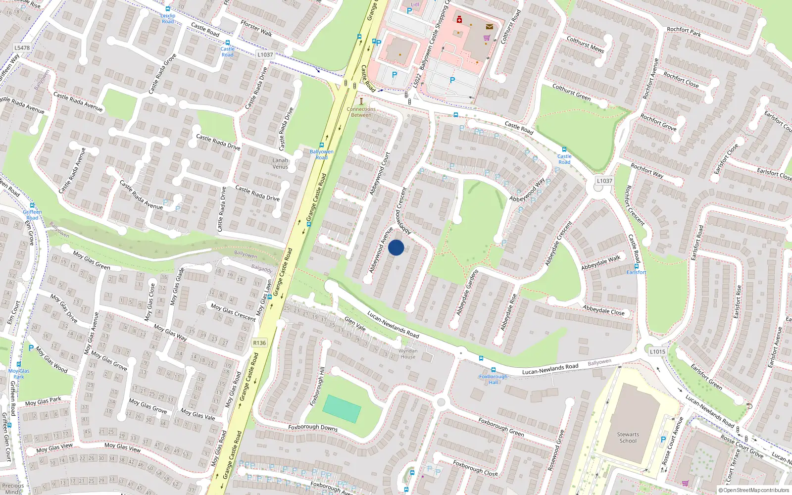 Overhead map showing the location of 22 Abbeywood Avenue, Lucan