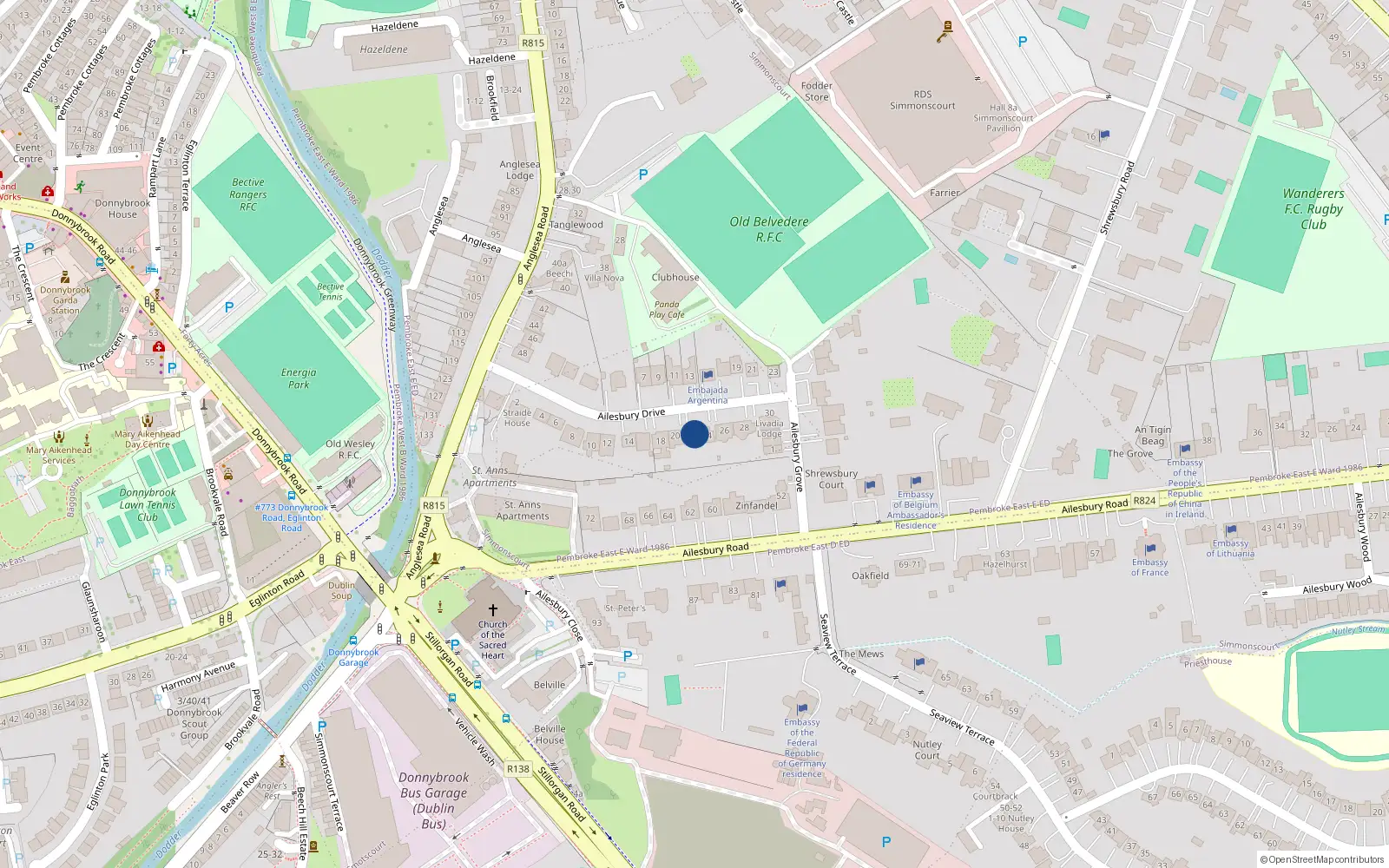 Overhead map showing the location of 22 Ailesbury Drive, Ballsbridge
