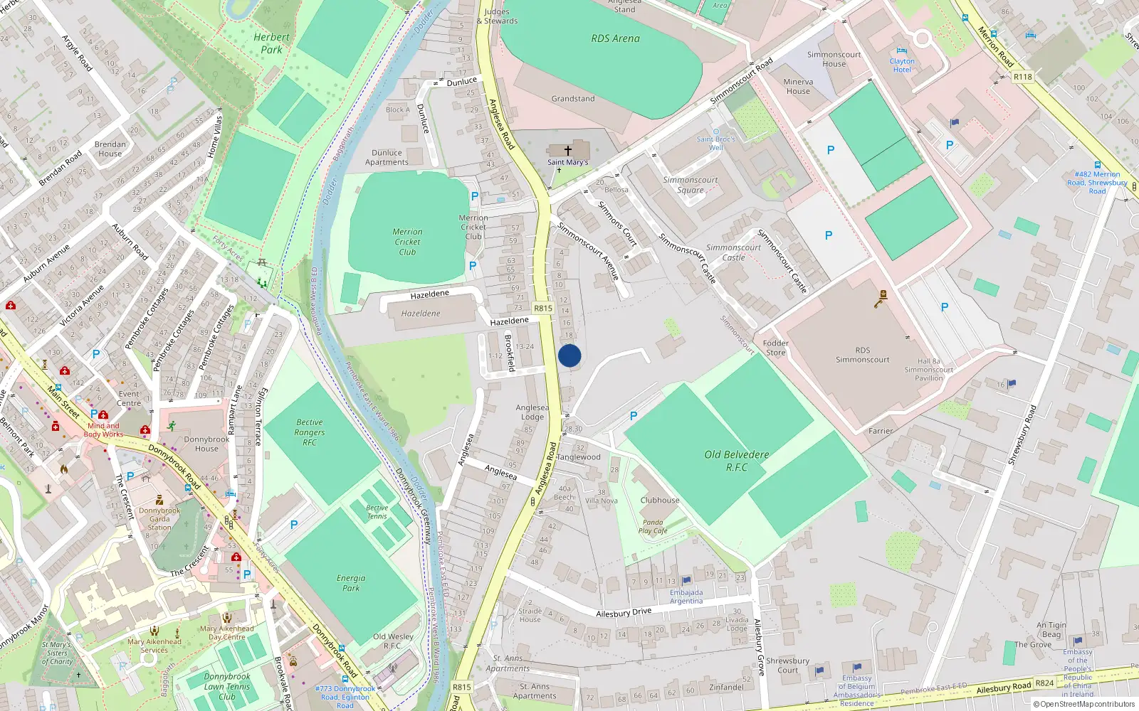 Overhead map showing the location of 22 Anglesea Road, Ballsbridge