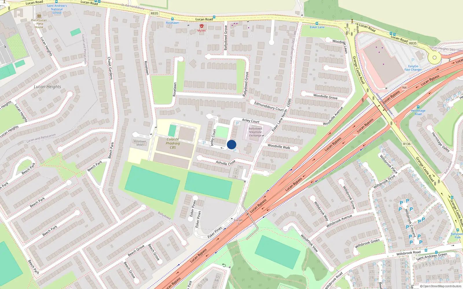 Overhead map showing the location of 22 Anley Court, Esker Lane, Lucan
