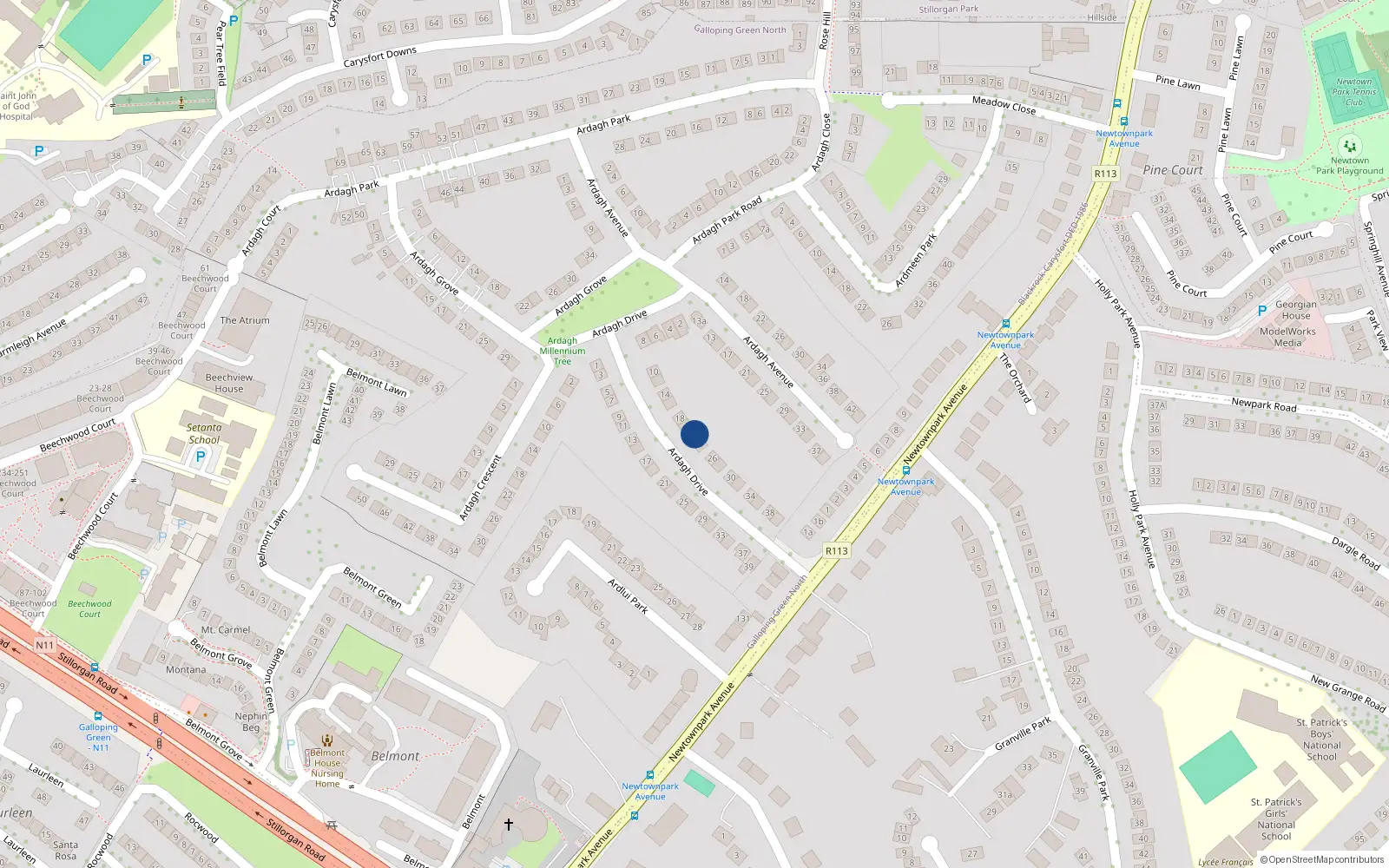 Overhead map showing the location of 22 Ardagh Drive, Blackrock