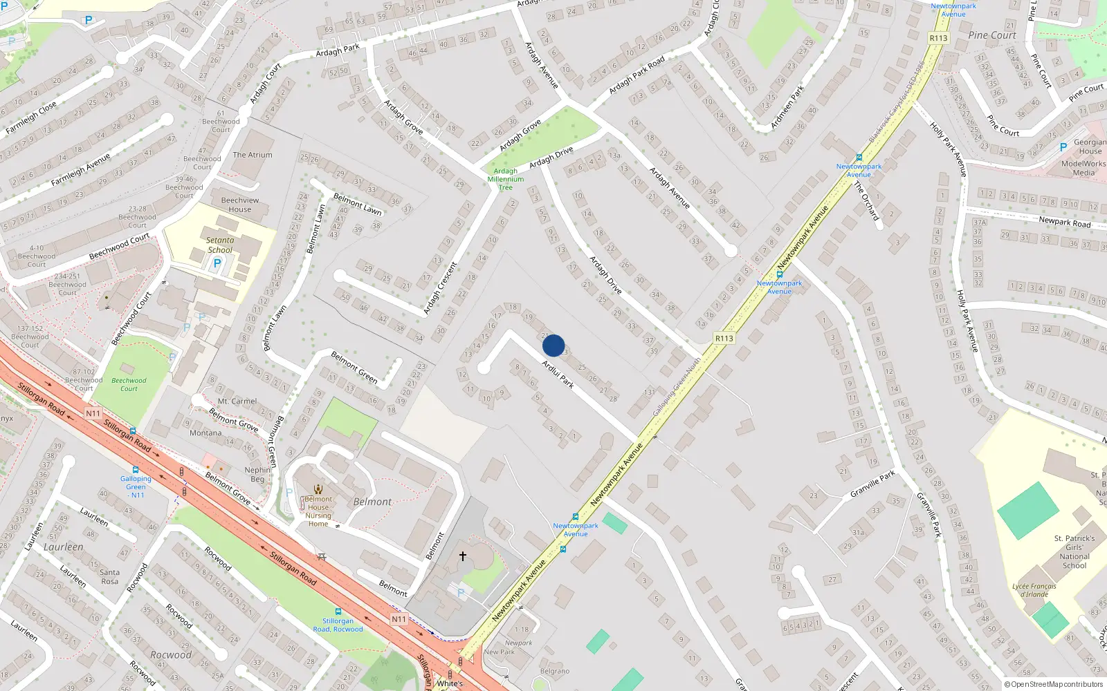 Overhead map showing the location of 22 Ardlui Park, Blackrock, County Dublin