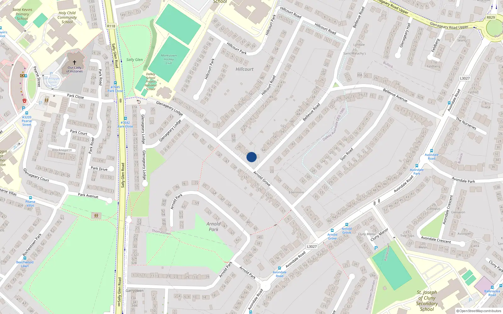 Overhead map showing the location of 22 Arnold Grove, Glenageary, Dublin