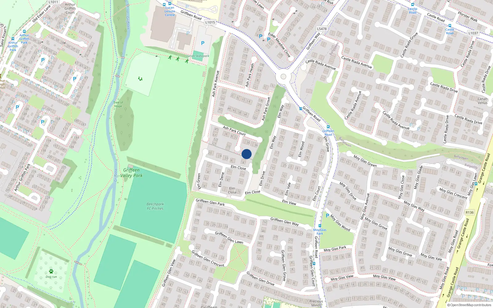 Overhead map showing the location of 22 Ashpark Court, Lucan, Dublin