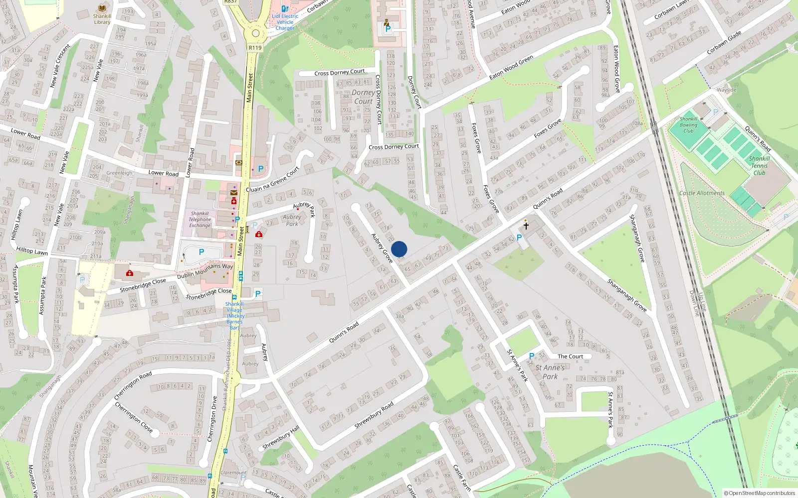 Overhead map showing the location of 22 Aubrey Grove, Shankill