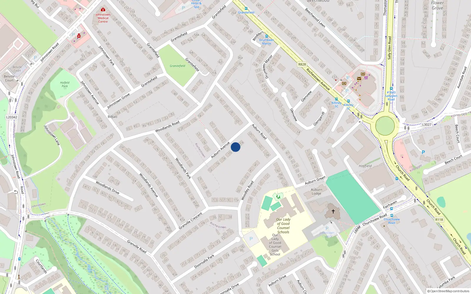 Overhead map showing the location of 22 Auburn Avenue, Johnstown, Dun Laoghaire