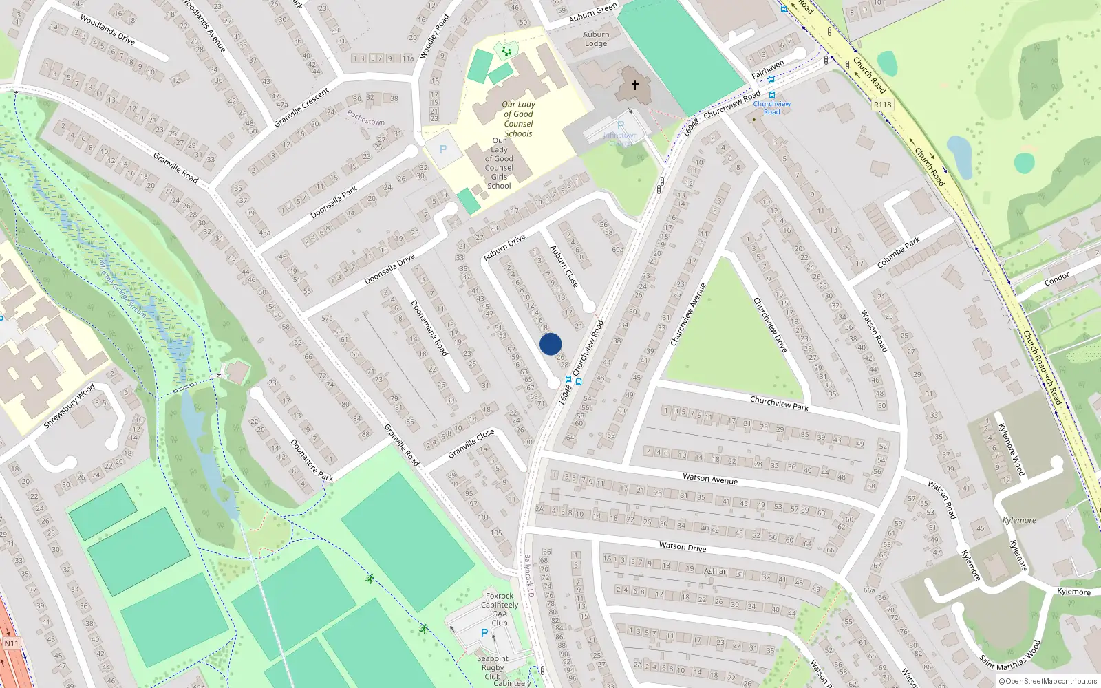 Overhead map showing the location of 22 Auburn Drive, Killiney, Dublin