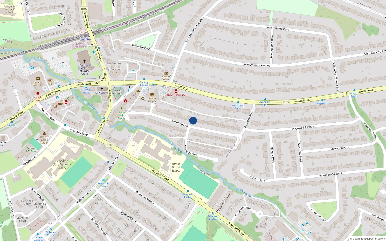 Overhead map showing the location of 22 Avondale Park, Raheny, Dublin