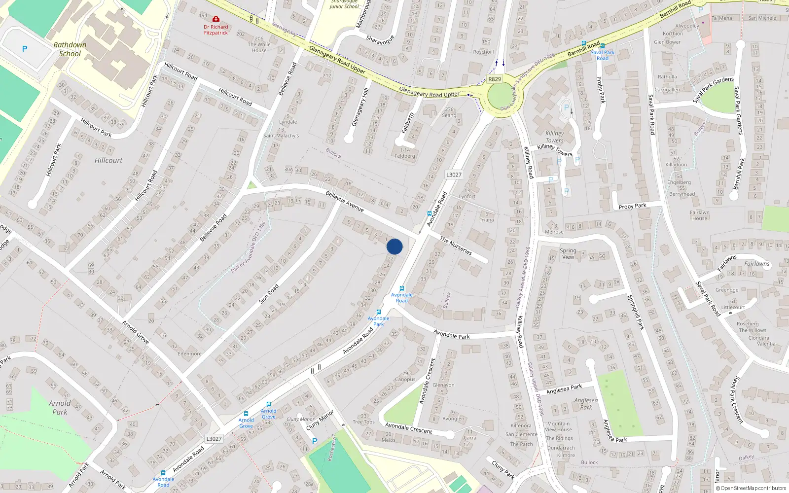 Overhead map showing the location of 22 Avondale Road, Killiney, Dublin