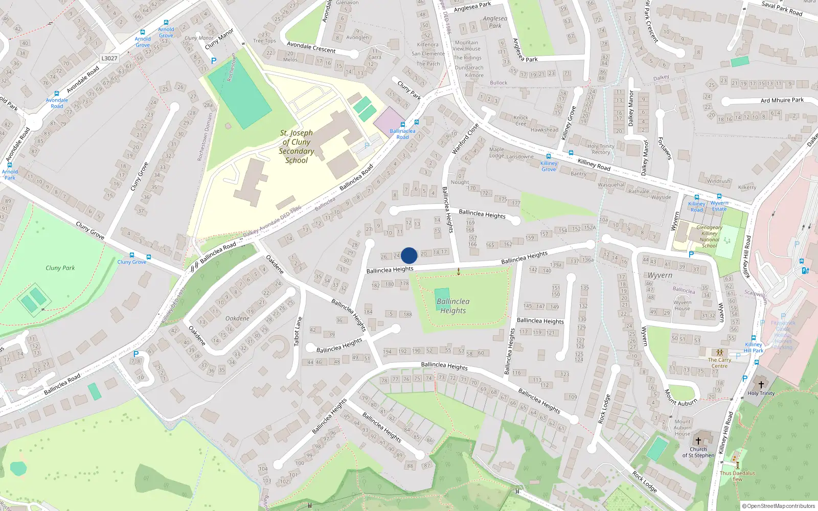 Overhead map showing the location of 22 Ballinclea Heights, Killiney, Dublin