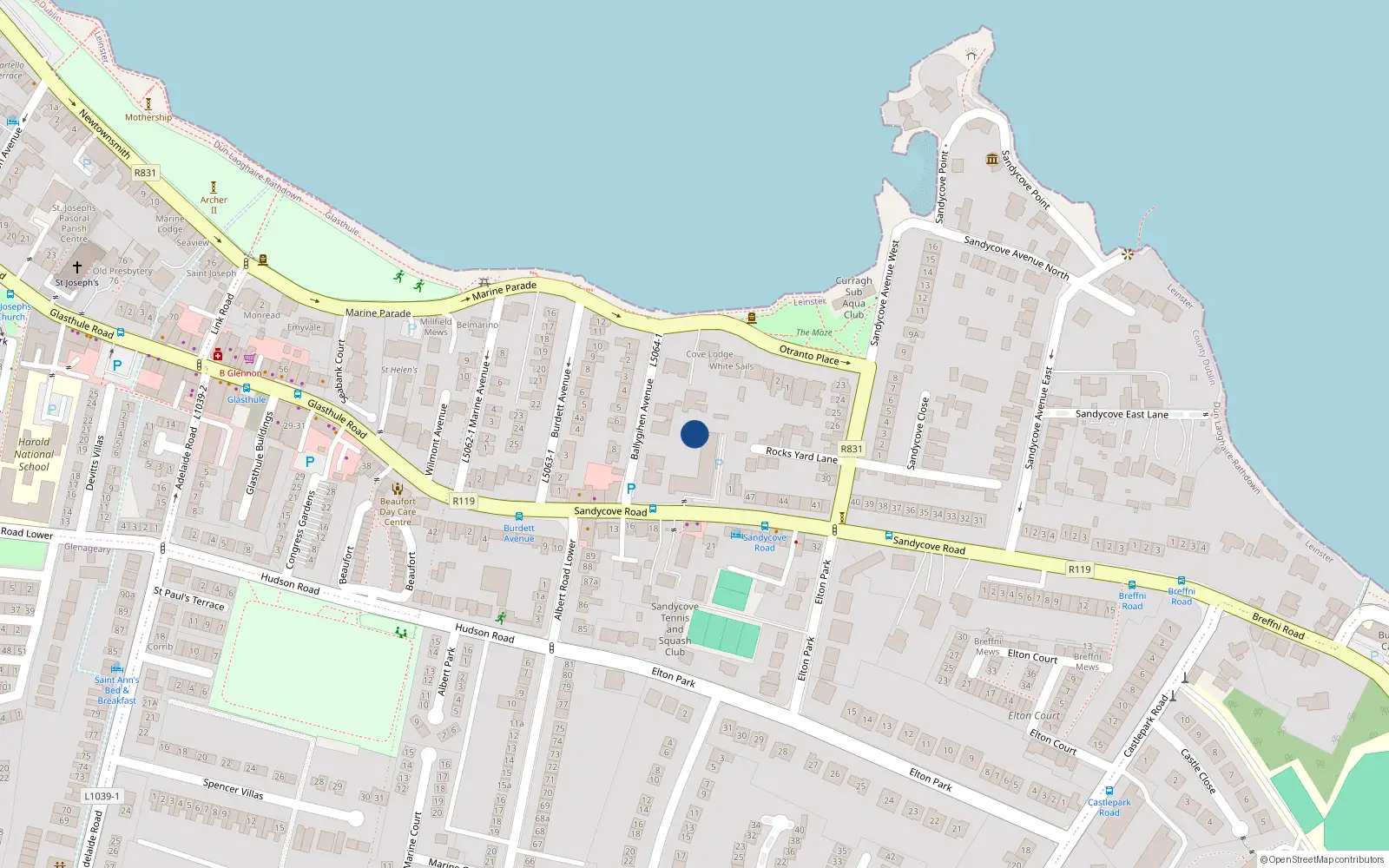 Overhead map showing the location of 22 Ballygihen, Sandycove Road, Sandycove