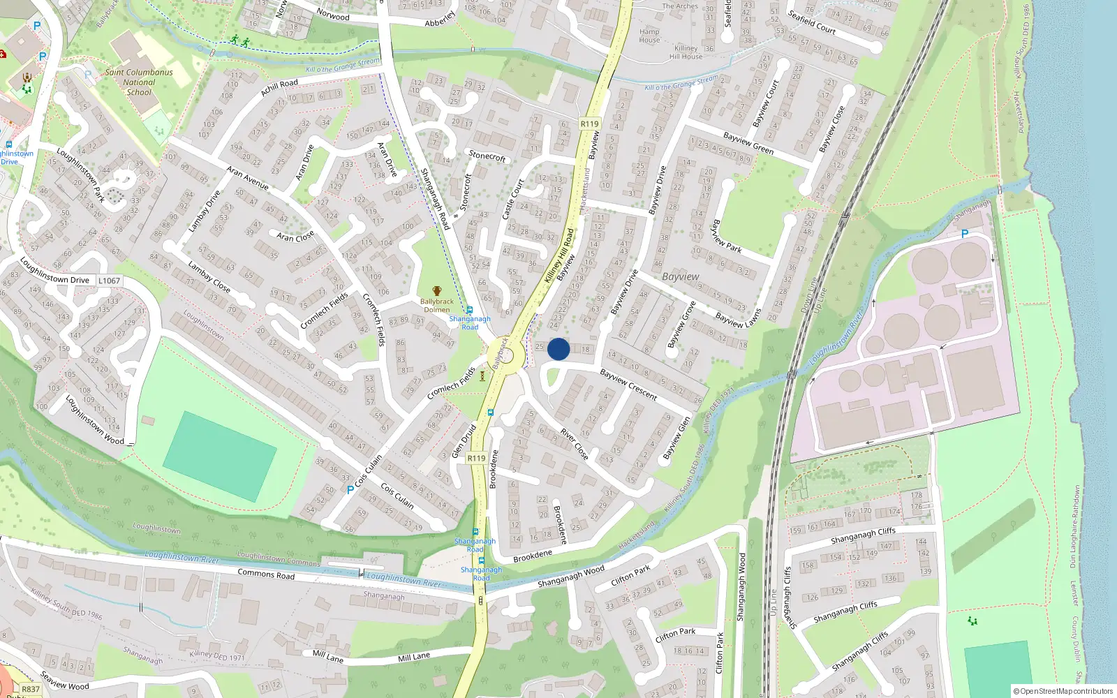 Overhead map showing the location of 22 Bayview Crescent, Killiney, Dublin