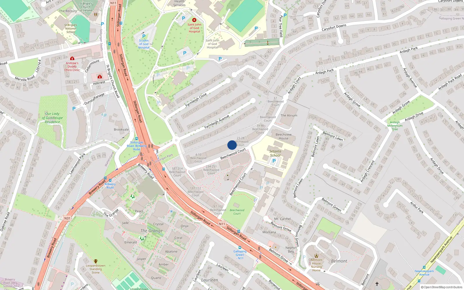 Overhead map showing the location of 22 Beechwood Court, Stillorgan