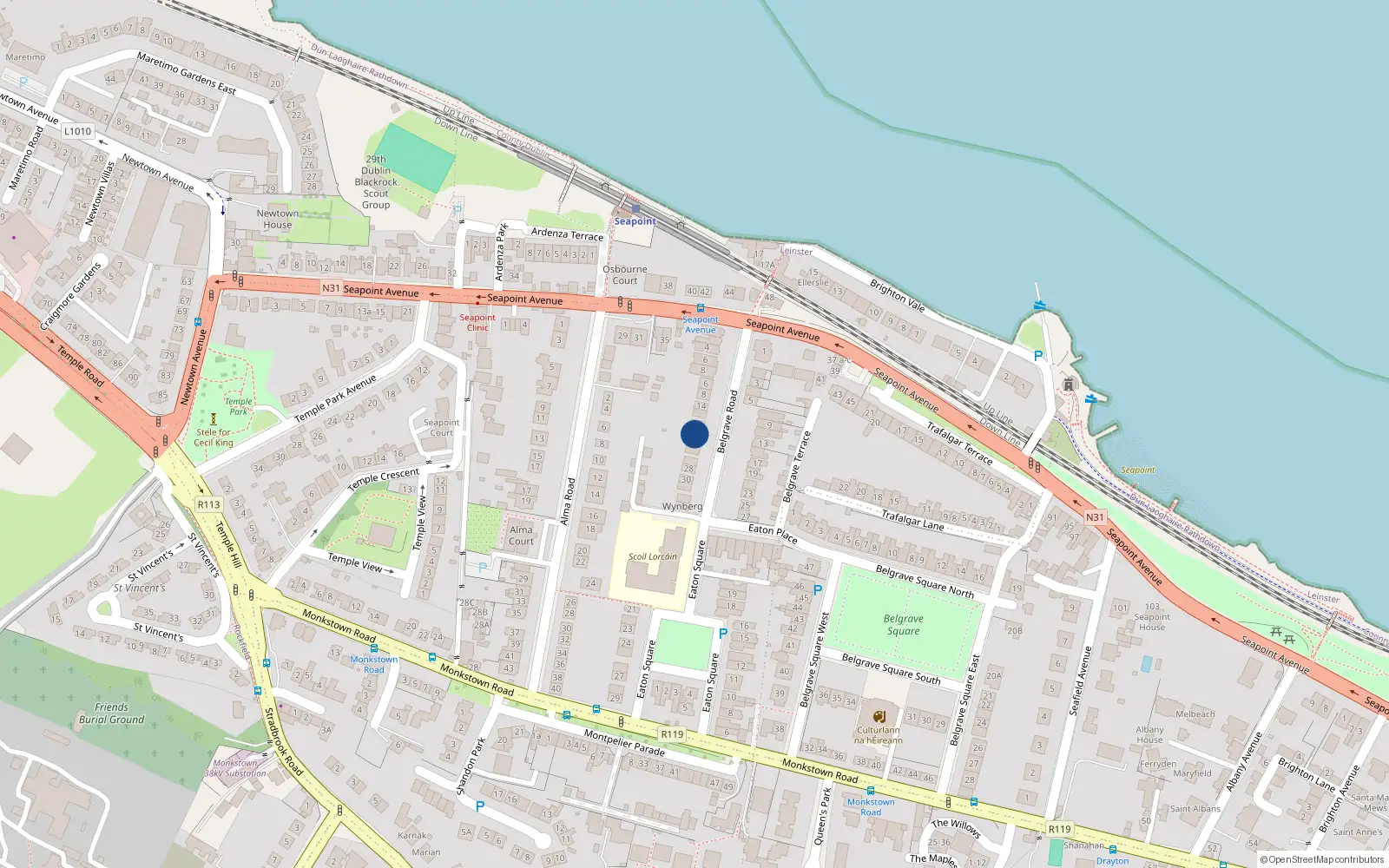 Overhead map showing the location of 22 Belgrave Road, Monkstown
