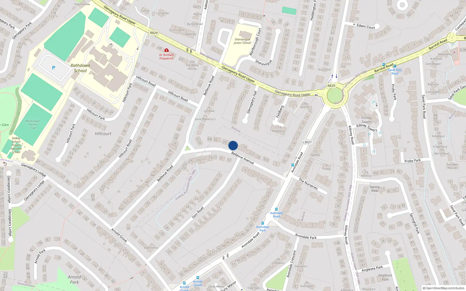 Overhead map showing the location of 22 Bellevue Avenue, Dublin