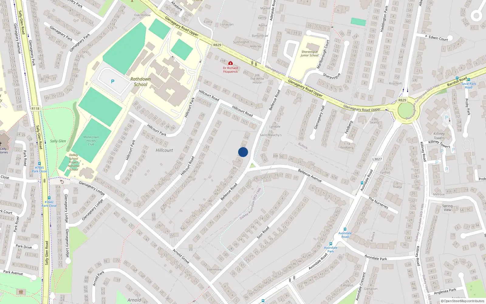 Overhead map showing the location of 22 Bellevue Road, Dublin