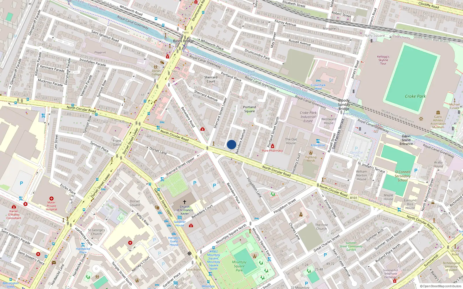 Overhead map showing the location of 22 Belvedere Avenue, Dublin 1
