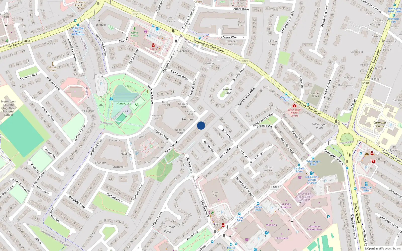 Overhead map showing the location of 22 Boyd Avenue, Honeypark, Dun Laoghaire