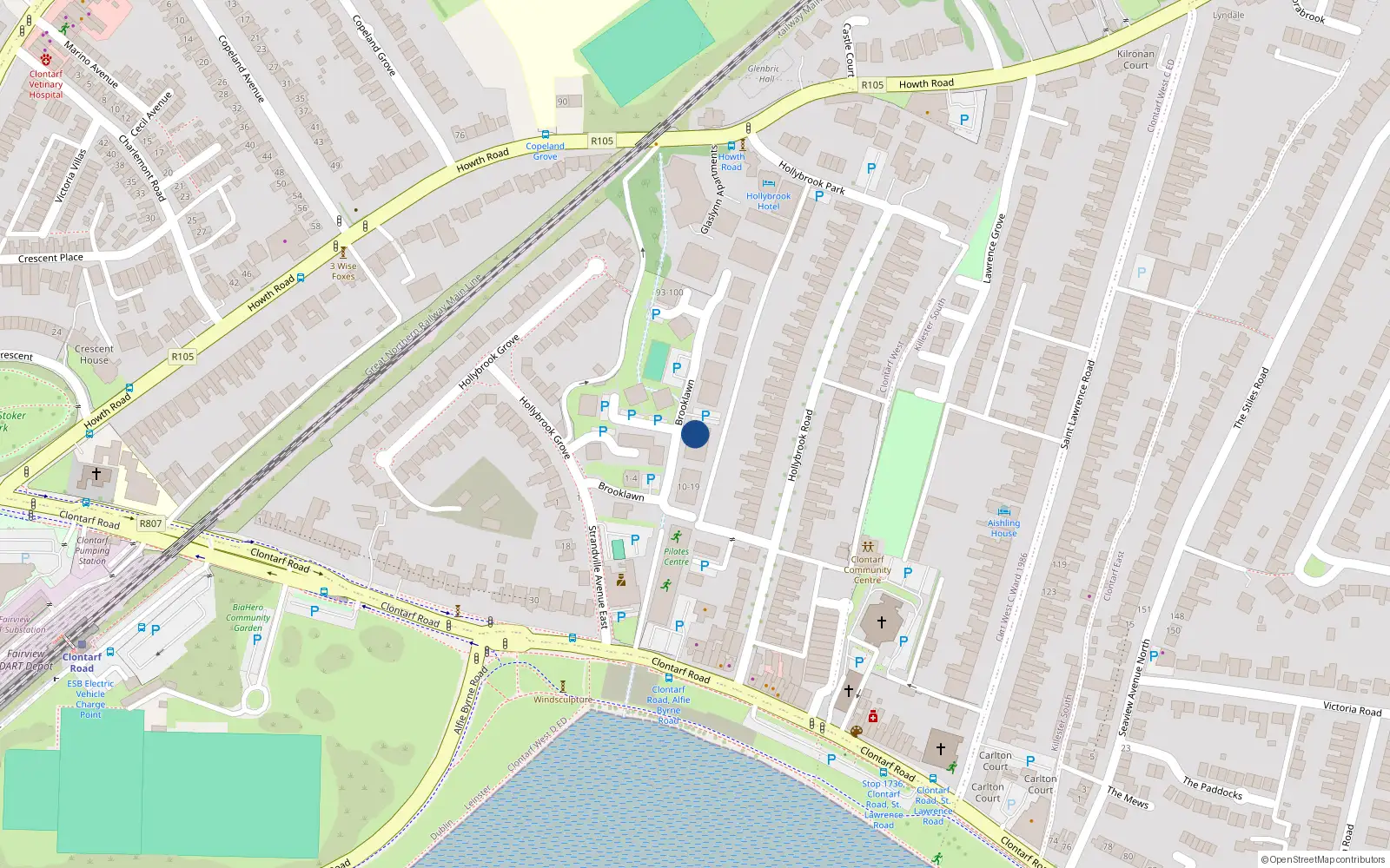 Overhead map showing the location of 22 Brooklawn, Clontarf, Dublin 3
