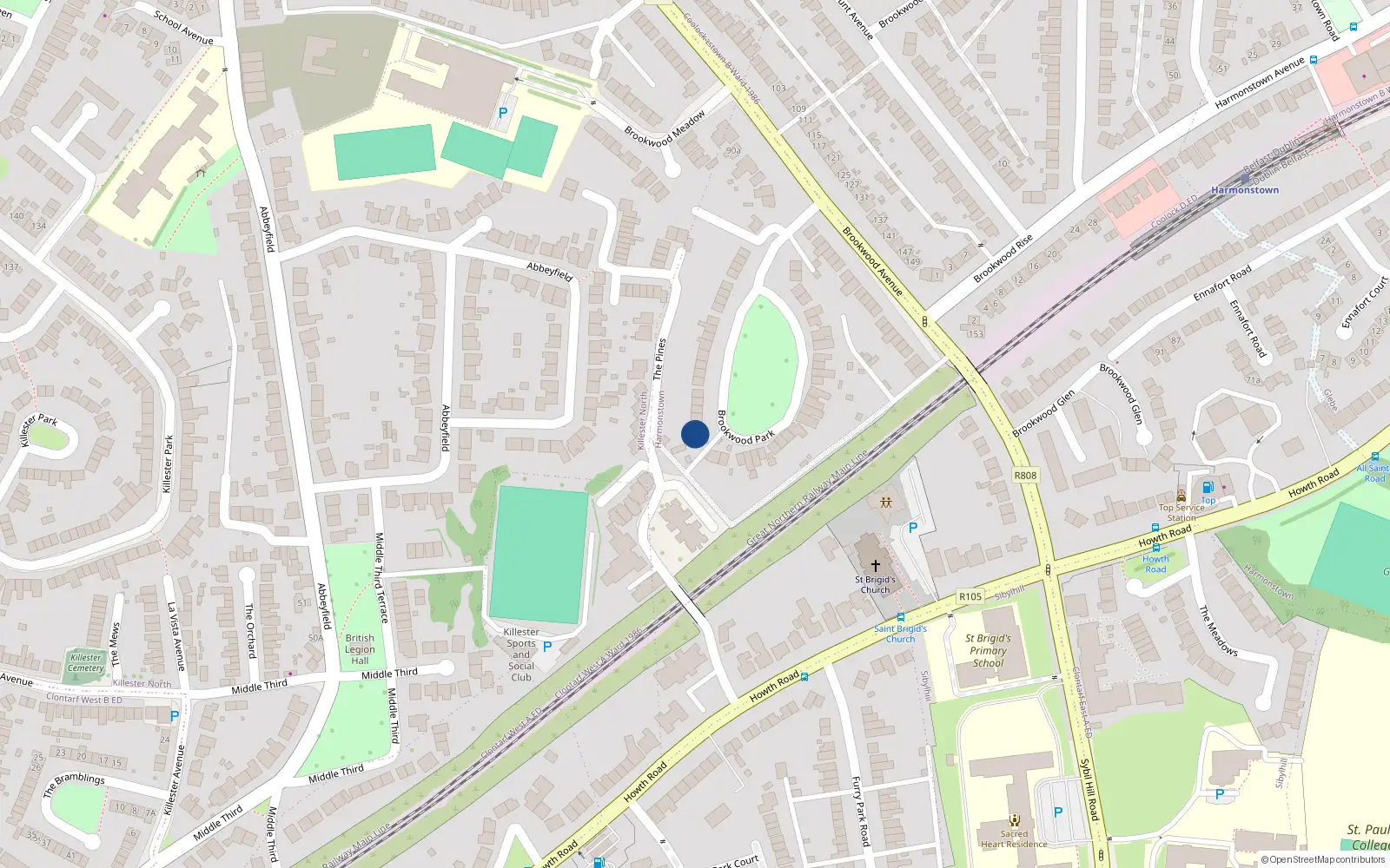 Overhead map showing the location of 22 Brookwood Park, Killester, Dublin 5