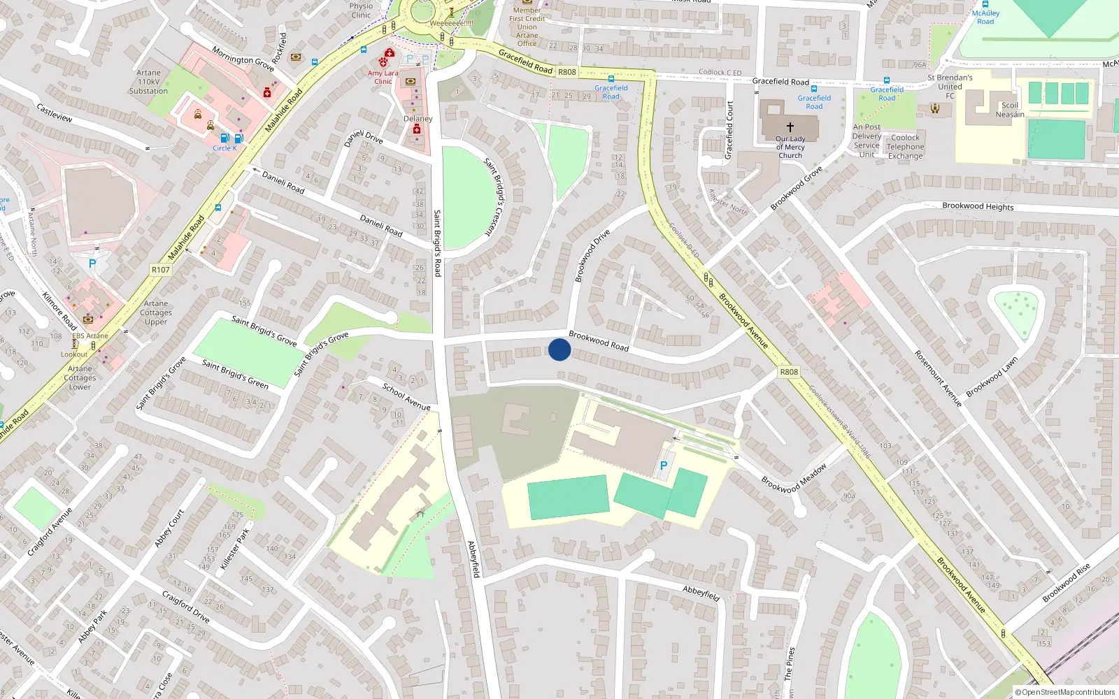 Overhead map showing the location of 22 Brookwood Road, Dublin 5