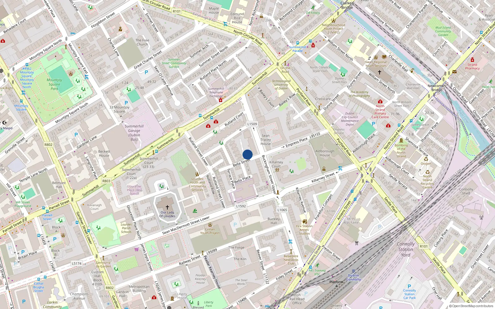 Overhead map showing the location of 22 Buckingham Village, 104 Bella Street, Dublin 1
