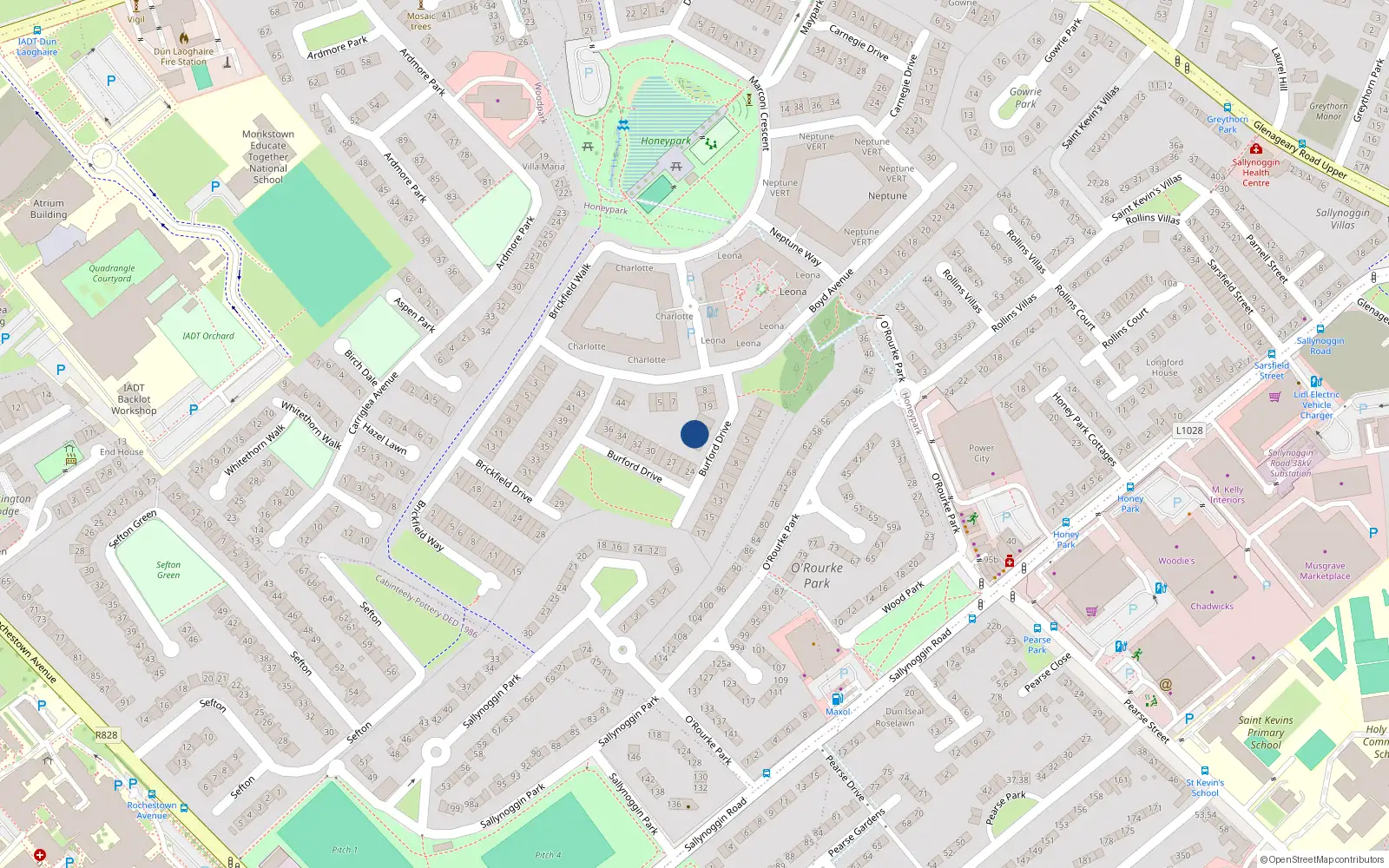 Overhead map showing the location of 22 Burford Drive, Dun Laoghaire