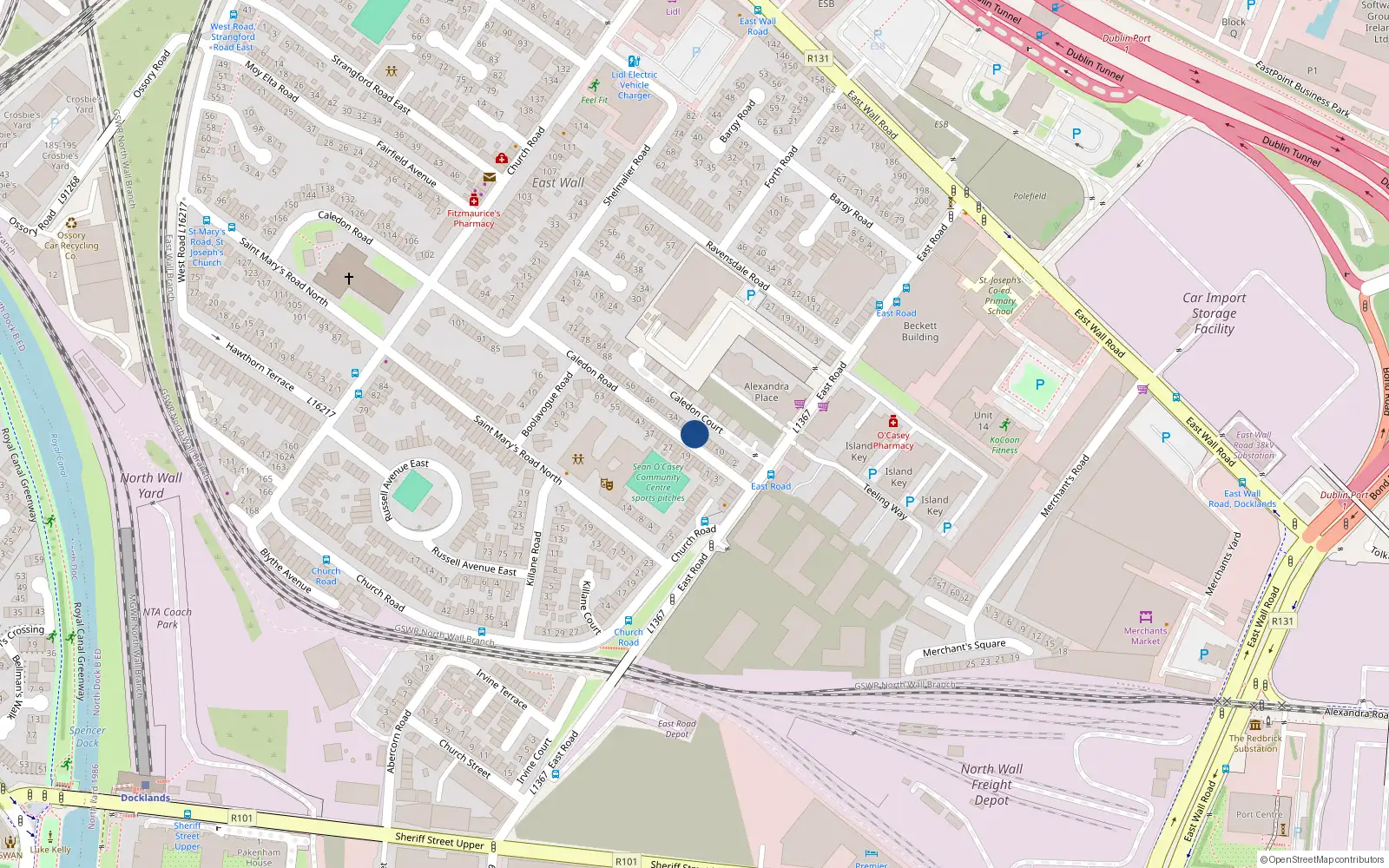 Overhead map showing the location of 22 Caledon Road, Eastwall, Dublin