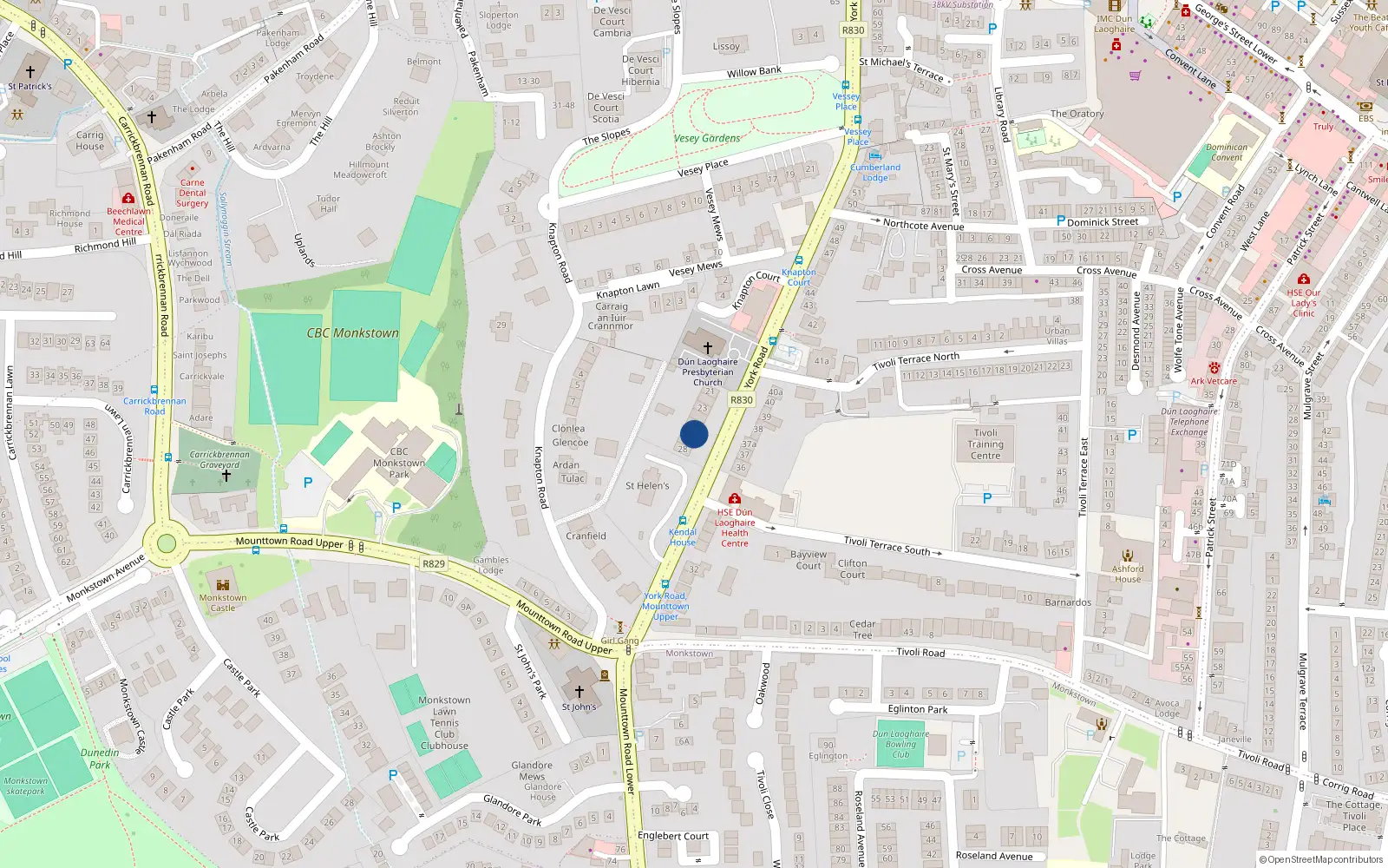 Overhead map showing the location of 22 Cambridge Terrace, Dun Laoghaire