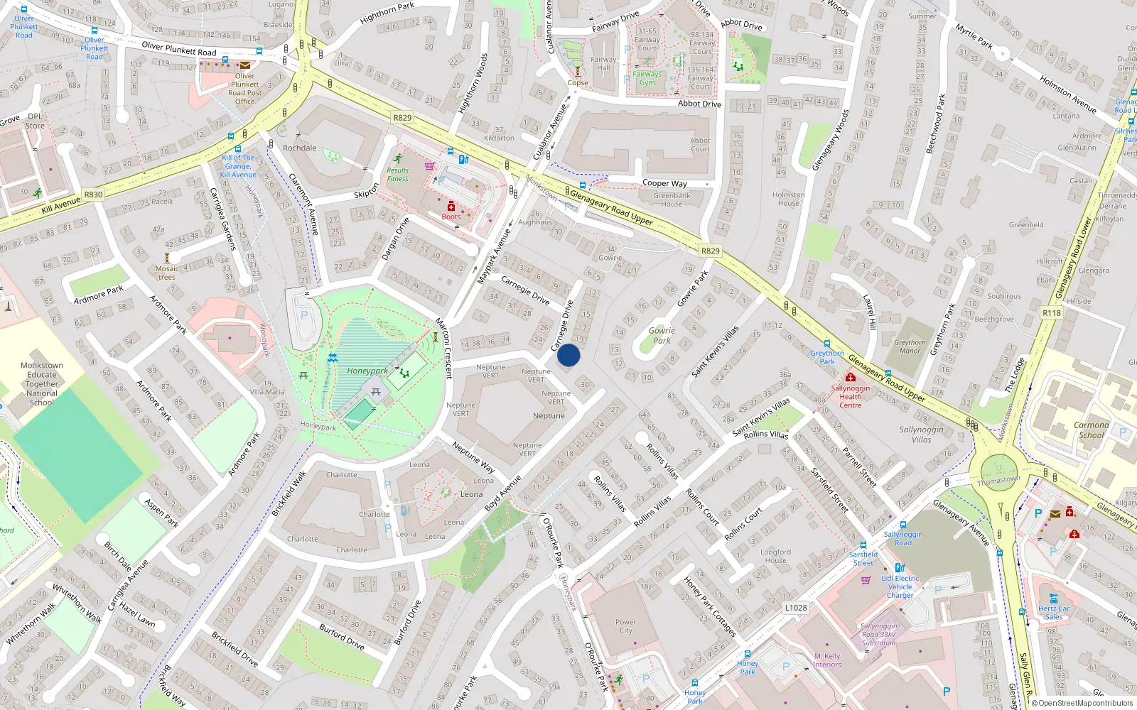 Overhead map showing the location of 22 Carnegie Drive, Dunlaoghaire