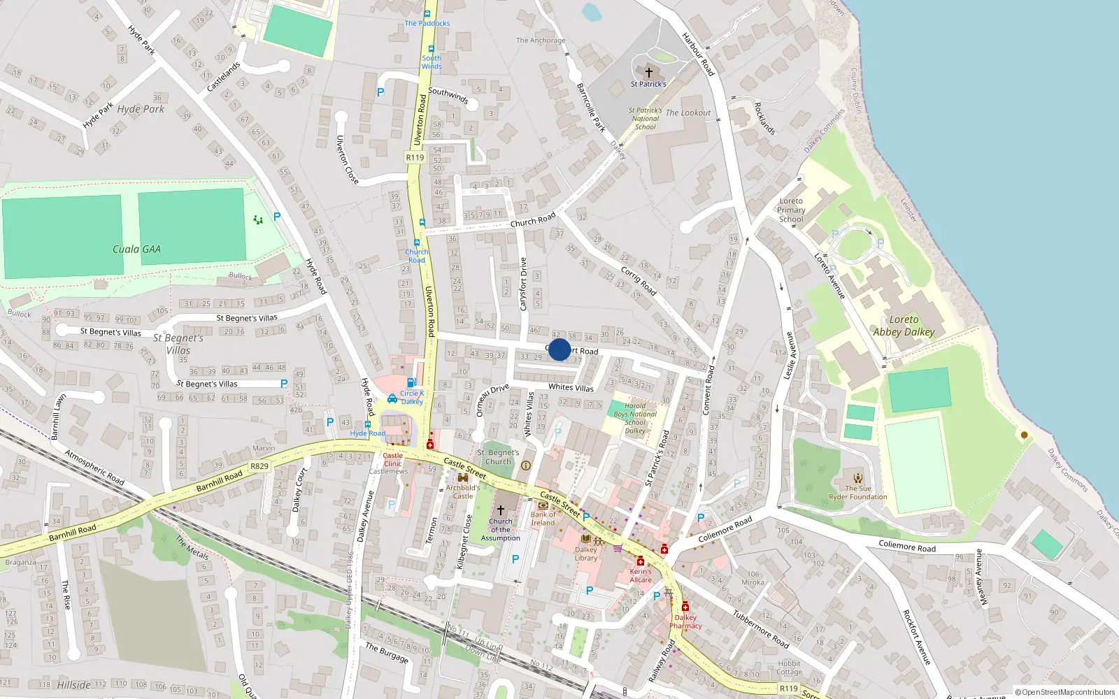 Overhead map showing the location of 22 Carysfort Road, Dalkey