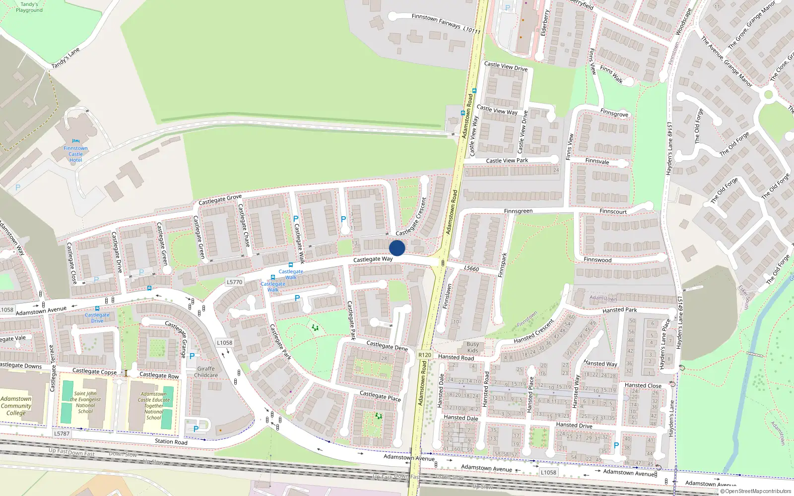 Overhead map showing the location of 22 Castlegate Way, Adamstown, Dublin