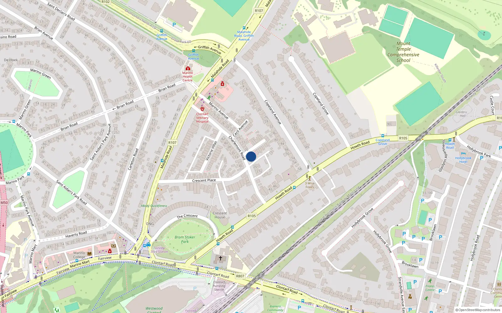Overhead map showing the location of 22 Charlemont Road, Dublin 3