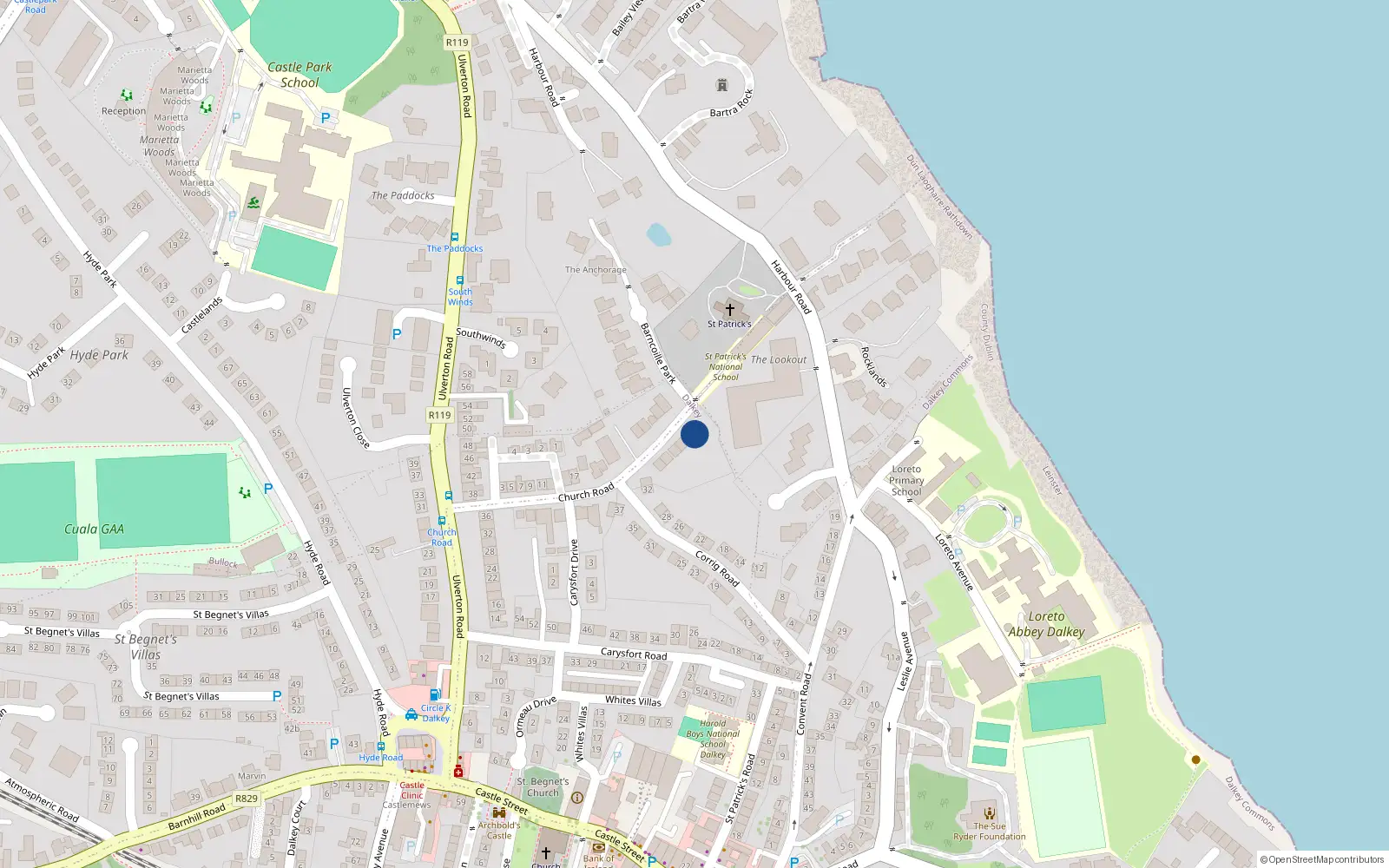 Overhead map showing the location of 22 Church Road, Dalkey