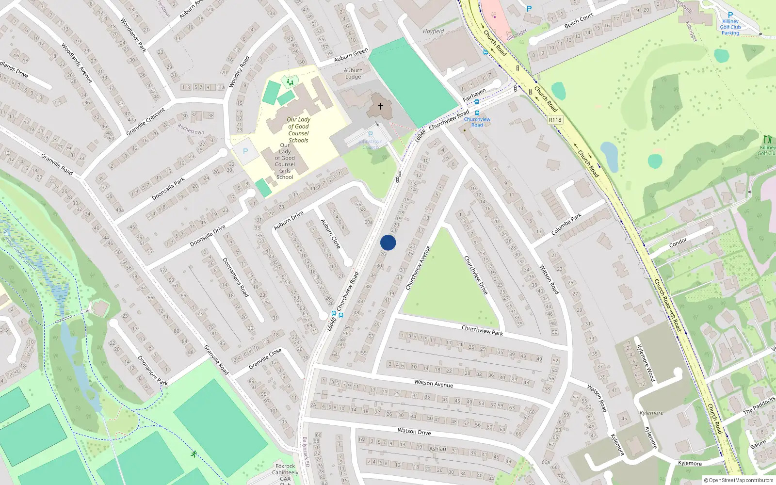 Overhead map showing the location of 22 Churchview Road, Killiney, Dublin