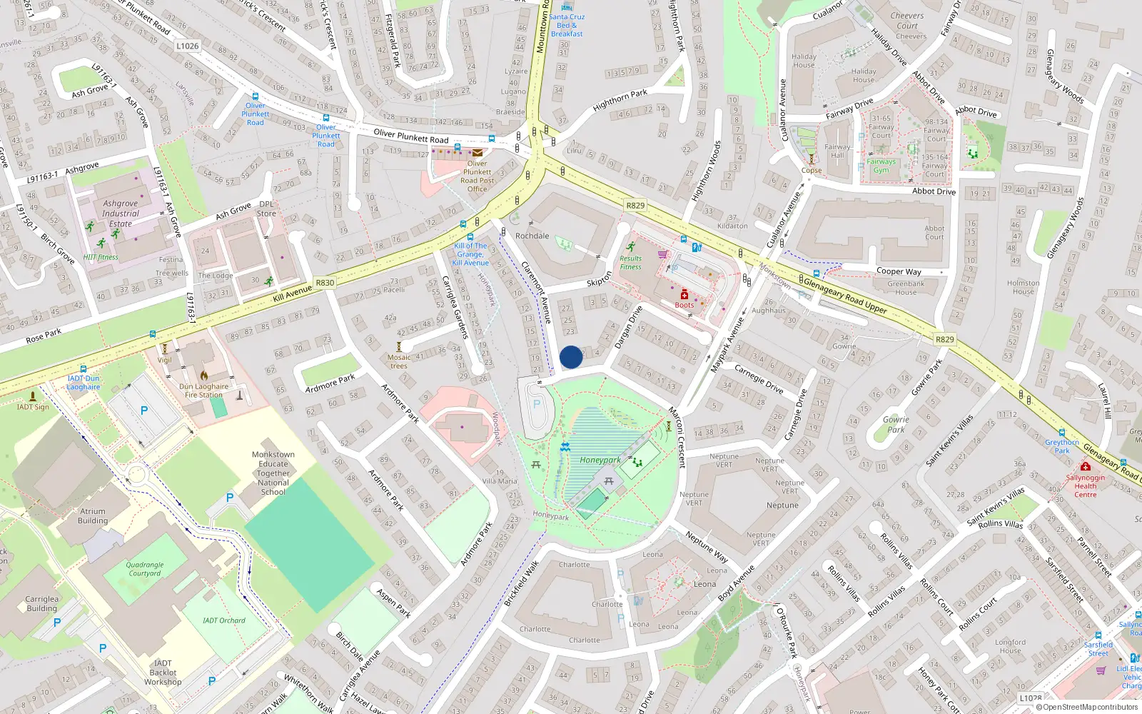 Overhead map showing the location of 22 Claremount Avenue, Honey Park, Dun Laoghaire