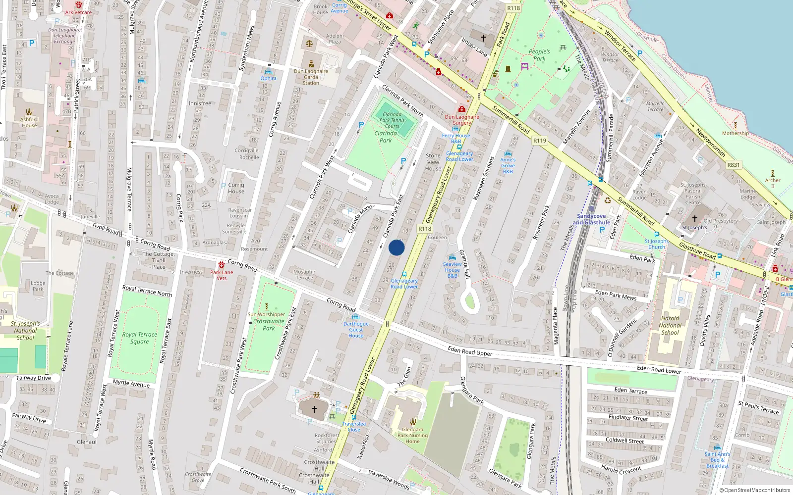 Overhead map showing the location of 22 Clarinda Park East, Dublin